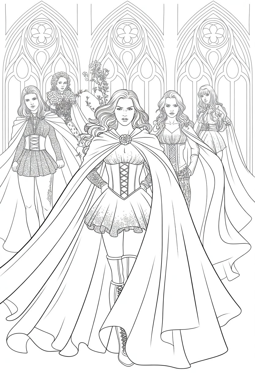 Gothic Coloring Pages for Adults: Top 20 Designs to Download as PDF and Png Files. 29 Several confident women wearing flowing capes stand in front of Gothic architecture with arches and decorative patterns.